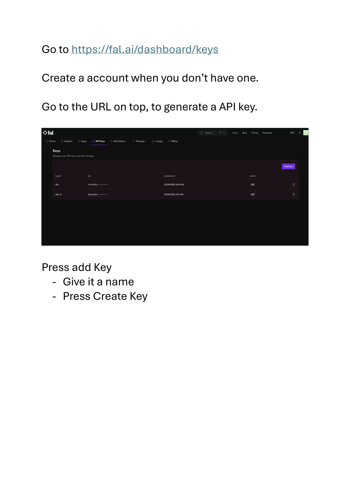 Fal API instellen in n8n afbeelding 1